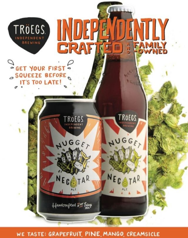 Landing this week at Troegs ~ Nugget Nectar Ale! 

Excessively dry-hopped, this Imperial Amber Ale has a beautiful orange color, big hop flavor and 7.5% ABV.

"Nugget Nectar provides plenty of warmth on those dark, cold winter nights"

.
.
.
#tröegs #craftbeer #craftmass #craftmassbeer #troegsbeer #nuggetnectar #beer