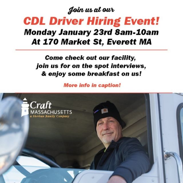 CDL Driver Hiring Event; Save the date!

Craft Massachusetts in Everett, MA, is looking to grow their Local Delivery Driver Team! Make this your last stop, we offer excellent pay & benefits!

We will be hosting an on the spot hiring event January 23, from 8 AM – 10 AM @ 170 Market Street in Everett. Text RSVP to 617-410-3980.

Come check out our facility and grab some breakfast with us! There will be a chance to win a $100 Amazon gift card. The drawing will occur after the event, and the winner will be contacted by email.

CDL A – Starting pay is $28-$30/hr with a $3,000 Signing Bonus
CDL B – Starting pay is $26-$28/hr with a $3,000 Signing Bonus

We hope to see you there!
www.craftmadrivers.com

.
.
.
#hiringnow #craftmadrivers #cdldriver #cdl #cdlwanted #boston #everetMA #nowhiring #craftbeer #jobopening #truckdrivers
